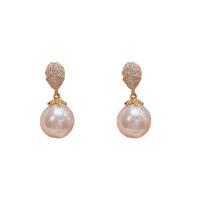 Cubic Zirconia Micro Pave Brass Earring, with Plastic Pearl, real gold plated, fashion jewelry & micro pave cubic zirconia & for woman, mixed colors, nickel, lead & cadmium free, 11x26mm, Sold By Pair