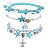 Tibetan Style Anklet, with turquoise & Wax Cord & Glass Seed Beads, with 2inch extender chain, plated, fashion jewelry & for woman, Length:Approx 8.3 Inch, Sold By Set