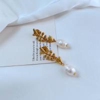 Brass Stud Earring, with Freshwater Pearl, gold color plated, fashion jewelry & for woman, nickel, lead & cadmium free, 46x12mm, Sold By Pair