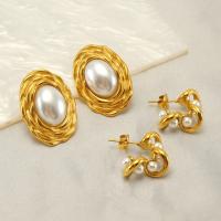 Boucle d'oreille Acier Titane, avec perle de plastique, Plaqué or 18K, bijoux de mode & styles différents pour le choix & pour femme, doré, Vendu par paire