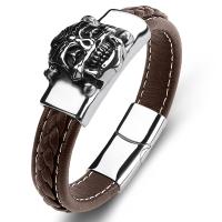 PU Leather Cord Bracelets, with 316L Stainless Steel, Skull, polished, punk style & different length for choice & for man, more colors for choice, 12x6mm, Sold By PC