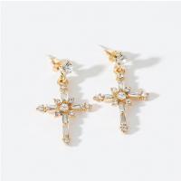 Tibetan Style Drop Earrings, Cross, gold color plated, for woman & with rhinestone, nickel, lead & cadmium free, 34mm, Sold By Pair
