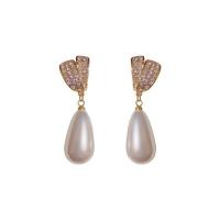 Cubic Zirconia Micro Pave Brass Earring, with Plastic Pearl, Teardrop, plated, fashion jewelry & micro pave cubic zirconia & for woman, more colors for choice, nickel, lead & cadmium free, 10x35mm, Sold By Pair