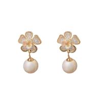 Cubic Zirconia Micro Pave Brass Earring with Plastic Pearl Flower real gold plated fashion jewelry & micro pave cubic zirconia & for woman nickel lead & cadmium free Sold By Pair