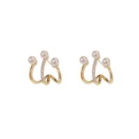 Cubic Zirconia Micro Pave Brass Earring, with Plastic Pearl, real gold plated, fashion jewelry & micro pave cubic zirconia & for woman, nickel, lead & cadmium free, 13x15mm, Sold By Pair