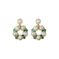 Tibetan Style Stud Earring, with Crystal & Plastic Pearl, fashion jewelry & for woman & with rhinestone, nickel, lead & cadmium free, 37x26mm, Sold By Pair