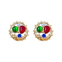 Tibetan Style Stud Earring, with Plastic Pearl & Acrylic, fashion jewelry & for woman & with rhinestone, golden, nickel, lead & cadmium free, 36x34mm, Sold By Pair
