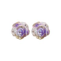 Tibetan Style Stud Earring, with Plastic Pearl & Acrylic, Flower, fashion jewelry & for woman & with rhinestone, purple, nickel, lead & cadmium free, 23x23mm, Sold By Pair