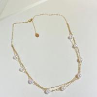 Freshwater Pearl Brass Chain Necklace, Pérolas de água doce, with Liga de cobre, joias de moda & para mulher, dourado, 6-7mm, comprimento Aprox 45 cm, vendido por PC