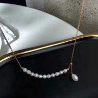 Freshwater Pearl Brass Chain Necklace, Pérolas de água doce, with Liga de cobre, 14K cheio de ouro, joias de moda & para mulher, 4-7mm, comprimento Aprox 45 cm, vendido por PC
