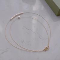 Freshwater Pearl Brass Chain Necklace, Pérolas de água doce, with Liga de cobre, 14K cheio de ouro, Camada Dupla & joias de moda & para mulher, 3-4mm,7-8mm, comprimento Aprox 42 cm, vendido por PC