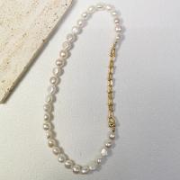 Freshwater Pearl Brass Chain Necklace, Pérolas de água doce, with Liga de cobre, 14K cheio de ouro, joias de moda & para mulher, branco, 8-9mm, comprimento Aprox 45 cm, vendido por PC