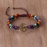 Gemstone Bracelets, with Knot Cord & Tibetan Style, Round, Galvanic plating, Adjustable & Unisex, mixed colors, 4mm, Length:Approx 17 cm, Sold By PC