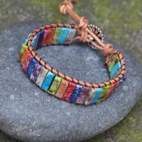 Gemstone Bracelets, Impression Jasper, with leather cord & Tibetan Style, Rectangle, silver color plated, Adjustable & Unisex, mixed colors, Length:Approx 19 cm, Sold By PC