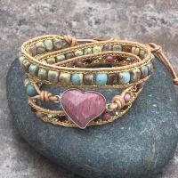 Gemstone Bracelets, with leather cord & Brass, with 2cm extender chain, Heart, gold color plated, Adjustable & multilayer & Unisex, mixed colors, Length:Approx 50 cm, Sold By PC