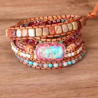 Gemstone Bracelets, with leather cord & Brass, with 2cm extender chain, Rectangle, gold color plated, multilayer & Unisex, mixed colors, Length:Approx 50 cm, Sold By PC