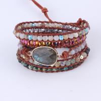 Gemstone Bracelets Labradorite with leather cord & Gemstone & Brass with 2cm extender chain gold color plated multilayer & Unisex mixed colors Length Approx 50 cm Sold By PC