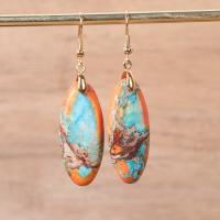Natural Gemstone Earrings, Impression Jasper, with Iron, Oval, gold color plated, for woman, more colors for choice, 32-50mm, Sold By Pair