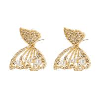 Tibetan Style Stud Earring, with Plastic Pearl, Butterfly, KC gold color plated, fashion jewelry & for woman & with rhinestone, golden, nickel, lead & cadmium free, 25x26mm, Sold By Pair