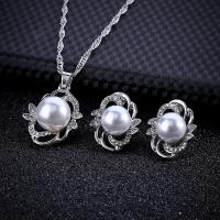 Rhinestone Jewelry Sets, Stud Earring & necklace, Tibetan Style, with Plastic Pearl, silver color plated, 2 pieces & for woman & with rhinestone, silver color, nickel, lead & cadmium free, 15*35mm,20*42mm, Length:Approx 17.72 Inch, Sold By Set