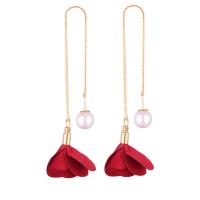 Zinc Alloy Thread Through Earrings with Cloth & Plastic Pearl Flower gold color plated for woman nickel lead & cadmium free 135mm Sold By Pair