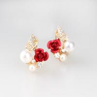 Zinklegierung Ohrringe, mit Kunststoff Perlen, Blume, goldfarben plattiert, für Frau & mit Strass, keine, frei von Nickel, Blei & Kadmium, 16x23mm, verkauft von Paar
