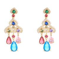 Cubic Zirconia Micro Pave Brass Earring, real gold plated, fashion jewelry & micro pave cubic zirconia & for woman, mixed colors, nickel, lead & cadmium free, 47x19mm, Sold By Pair