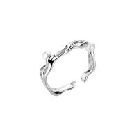 925 prata esterlina Cuff Ring Finger, with Shell Pearl, platinado, Estilo coreano & ajustável & para mulher, tamanho:5.5-7.5, vendido por PC
