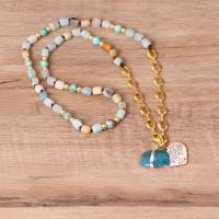Natural Gemstone Necklace, ​Amazonite​, with Gemstone & 304 Stainless Steel & Tibetan Style, Heart, plated, fashion jewelry & Bohemian style & for woman, mixed colors, Length:Approx 64 cm, Sold By PC
