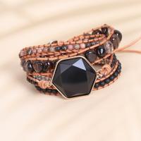 Gemstone Bracelets Obsidian with leather cord & Gemstone & Brass with 2cm extender chain Hexagon plated fashion jewelry & multilayer & Unisex mixed colors Length Approx 50 cm Sold By PC