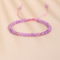 Glass Beads Bracelet with Knot Cord & 304 Stainless Steel with 5cm extender chain Round Galvanic plating Adjustable & fashion jewelry & Unisex & faceted purple 4mm Length Approx 14 cm Sold By PC