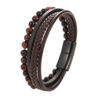 PU Leather Cord Bracelets, with Tiger Eye, Vacuum Ion Plating, Double Layer & for man, more colors for choice, Length:21 cm, Sold By PC
