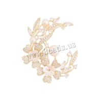Kunststof Pearl Brooch, Messing, met Plastic Pearl, Bloem, echt goud verguld, mode sieraden & micro pave zirconia & voor vrouw, nikkel, lood en cadmium vrij, 39x47mm, Verkocht door PC