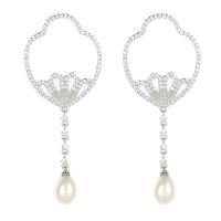 Cubic Zirconia Micro Pave Brass Earring, with Plastic Pearl, platinum plated, fashion jewelry & micro pave cubic zirconia & for woman, silver color, nickel, lead & cadmium free, 60x23mm, Sold By Pair