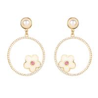 Cubic Zirconia Micro Pave Brass Earring, with Plastic Pearl, Flower, 18K gold plated, fashion jewelry & micro pave cubic zirconia & for woman & enamel, mixed colors, nickel, lead & cadmium free, 36x25mm, Sold By Pair