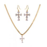 Brass Jewelry Set, earring drop pendant & necklace, with 6cm extender chain, Cross, plated, fashion jewelry & different styles for choice & micro pave cubic zirconia, golden, nickel, lead & cadmium free, 36x15mm, Length:41 cm, Sold By PC