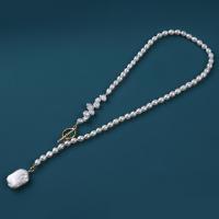 Freshwater Pearl Brass Chain Necklace, Pérolas de água doce, with cobre, with 3.5cm extender chain, joias de moda & para mulher, branco, 5-6mm,6-7mm,16x20mm, comprimento Aprox 39 cm, vendido por PC