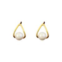 Brass Stud Earring, with Plastic Pearl, real gold plated, fashion jewelry & for woman, golden, nickel, lead & cadmium free, 11x9mm, Sold By Pair