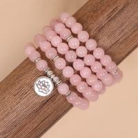 Quartz Bracelets Rose Quartz with Zinc Alloy Round silver color plated fashion jewelry & Unisex pink Approx Sold By Strand