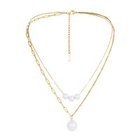 Mode-Multi-Layer-Halskette, 304 Edelstahl, mit Kunststoff Perlen, mit Verlängerungskettchen von 2.36inch, Doppelschicht & Modeschmuck & für Frau, goldfarben, 18x13mm, verkauft per ca. 17.32 ZollInch, ca. 14.96 ZollInch Strang