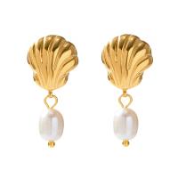 Stainless Steel Drop Earring 304 Stainless Steel with Freshwater Pearl Shell Vacuum Ion Plating fashion jewelry & for woman golden Sold By Pair