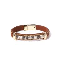 Zinc Alloy Bracelet with PU Leather & 304 Stainless Steel 18K gold plated folk style & for woman & with rhinestone Length Approx 8.3 Inch Sold By PC