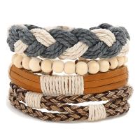 PU Leather Bracelet Set, with Linen & Cowhide & Wax Cord & Wood, 4 pieces & for man, Inner Diameter:Approx 60mm, Length:Approx 6.7-7 Inch, Sold By Set
