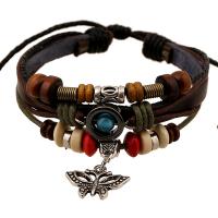 Cowhide Bracelet with Linen & Wood & Zinc Alloy Butterfly vintage & multilayer & Unisex 6mm Length Approx 6.7 Inch Sold By PC