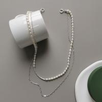 Freshwater Pearl Brass Chain Necklace, Pérolas de água doce, with Liga de cobre, 14K cheio de ouro, Camada Dupla & joias de moda & para mulher, branco, 3-4mm, comprimento Aprox 39 cm, vendido por PC