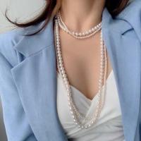 Пресноводные перлы ожерелье цепи свитера, Пресноводные жемчуги, с Медный сплав, 14K позолоченный, ювелирные изделия моды & Женский, белый, 4-7mm, длина Приблизительно 120 см, продается PC