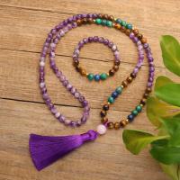 Natural Gemstone Jewelry Sets, bracelet & necklace, Amethyst, with Polyester Yarns & Lapis Lazuli & Tiger Eye, handmade, fashion jewelry & for woman, multi-colored, Sold By Strand