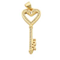 Cubic Zirconia Micro Pave Brass Pendant, Key, gold color plated, fashion jewelry & DIY & micro pave cubic zirconia & for woman, golden, 36x12x2mm, Hole:Approx 3mm, Sold By PC