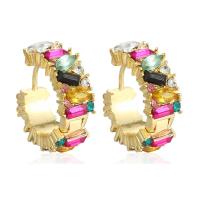 Brass Huggie Hoop Earring Donut gold color plated for woman & with rhinestone nickel lead & cadmium free Sold By Pair