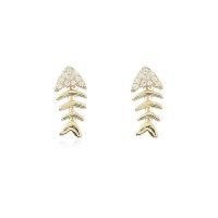 Brass Stud Earring Fish Bone gold color plated for woman & with rhinestone nickel lead & cadmium free Sold By Pair